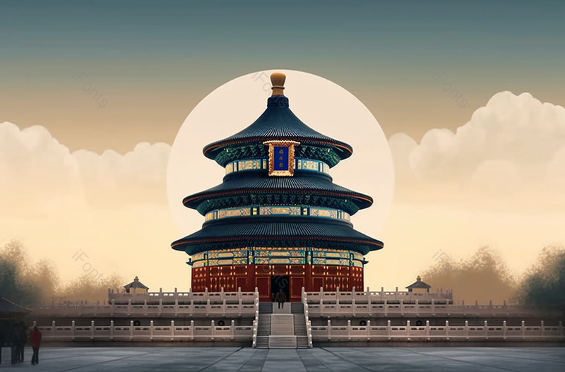 居中格式蓝天白云日出天坛阁楼塔祈祷国潮风中国风插画,插画/手绘图,插画/手绘图库,插画/手绘图下载,插画/手绘